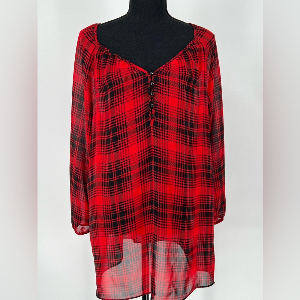 CHAPS RED AND BLACK PLAID PULLOVER BLOUSE